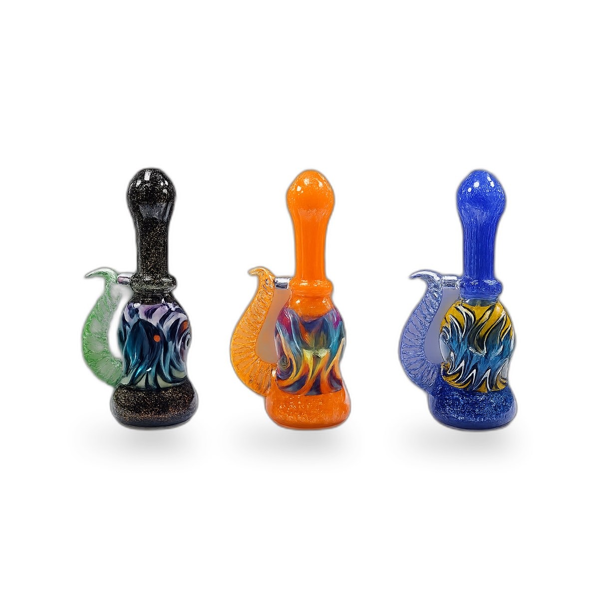 Chroma Flame, three hand-blown glass pipes in black, orange and blue