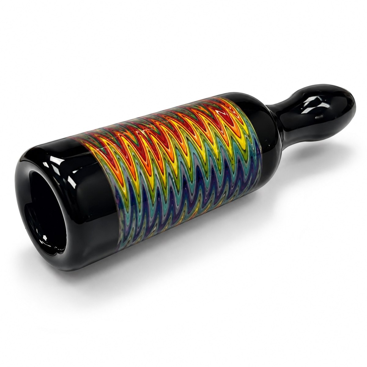 Double Twist, a black hand-blown glass chillum with a spiralling rainbow cane inlay
