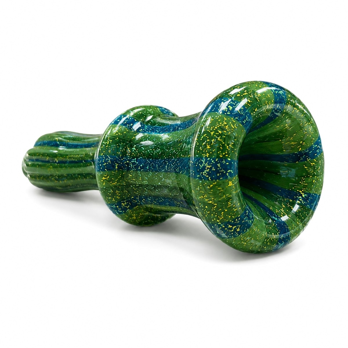 Oasis Cactus, a hand-blown green and blue glass hand pipe with dichroic flecks