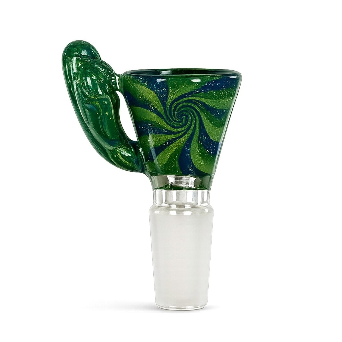 Oasis Vortex, a hand-blown green and blue glass bowl slide with a 14 mm ground joint