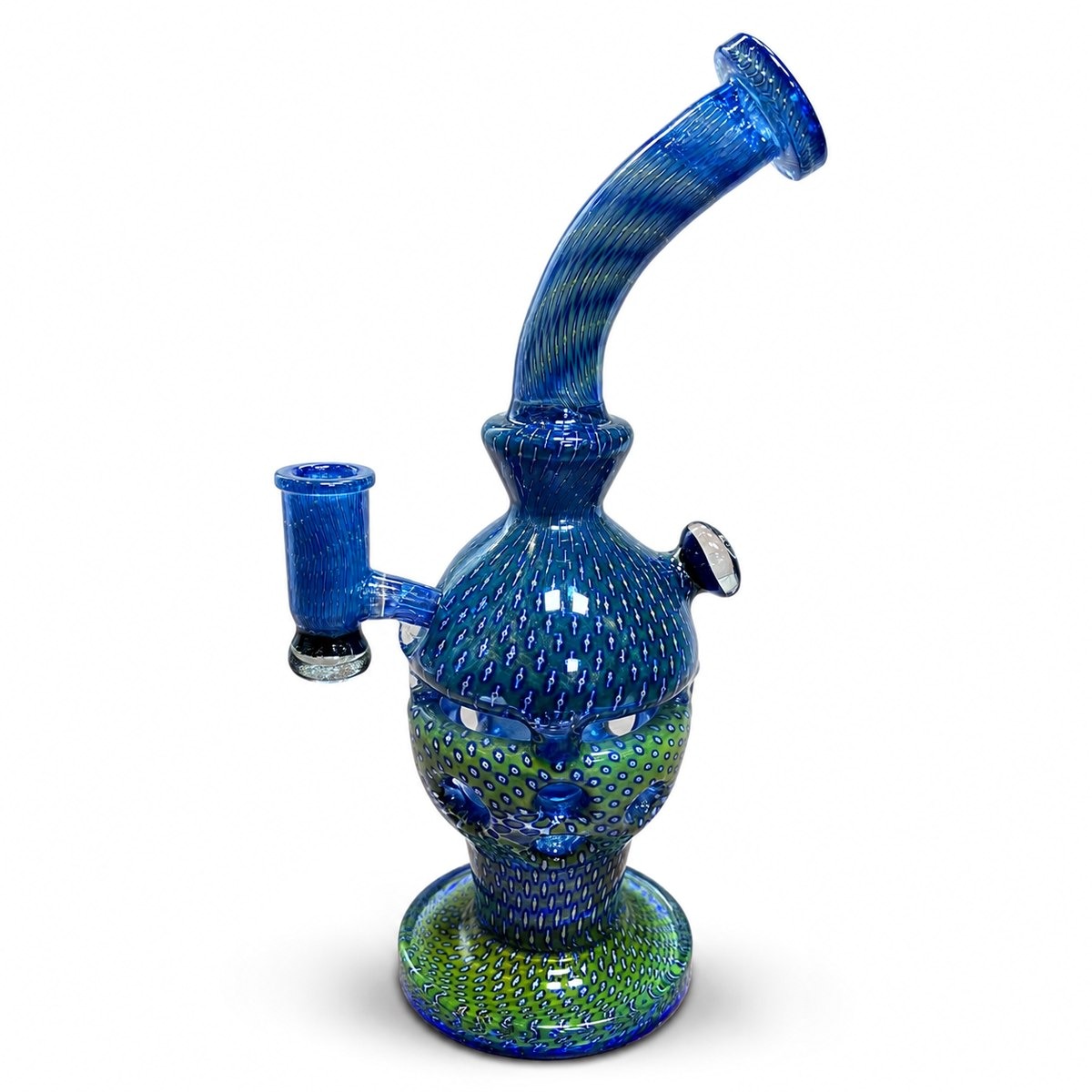Peacock Feather, a hand-blown blue and green Swiss-perc glass water pipe