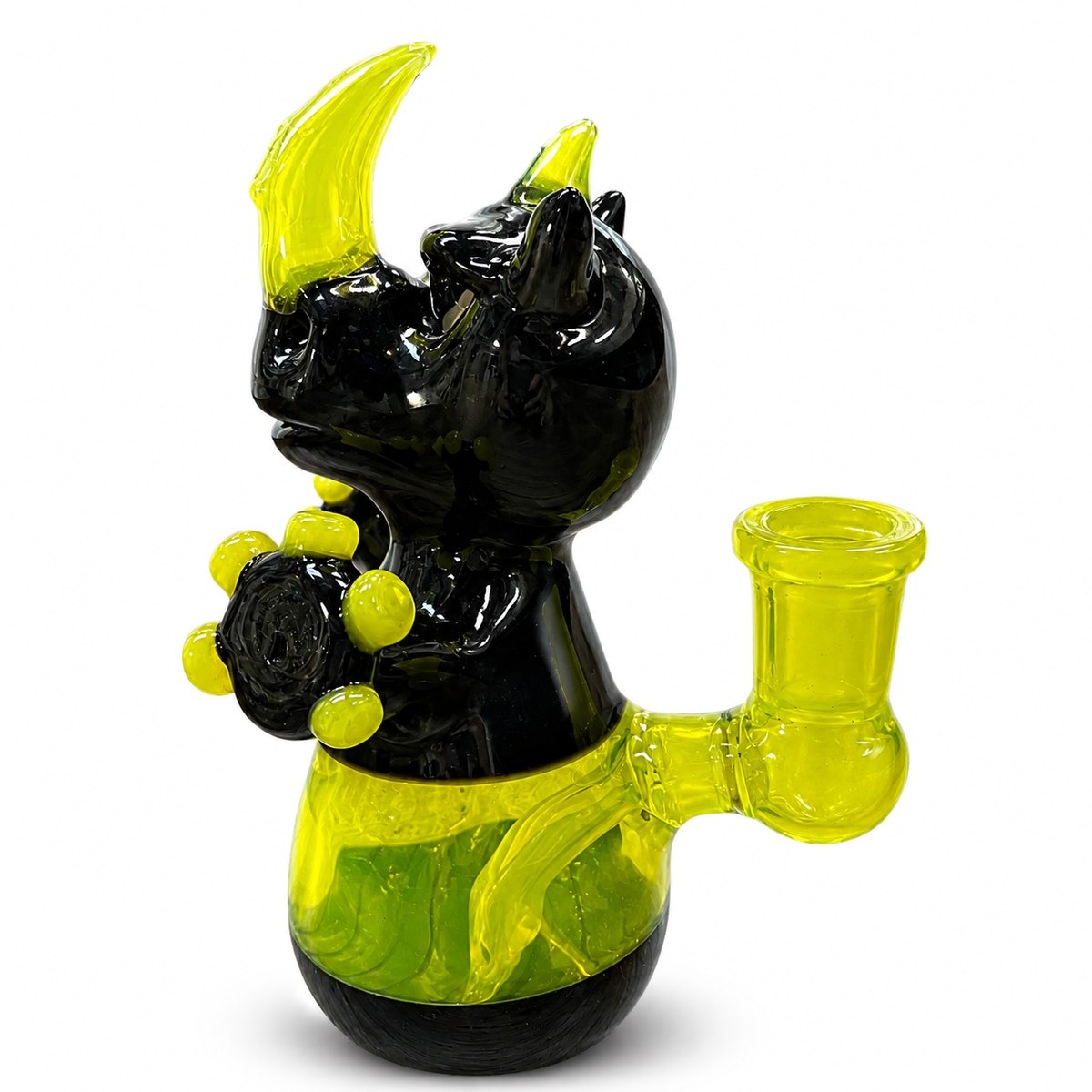 Rhino, a hand-blown black and yellow horned glass concentrate rig