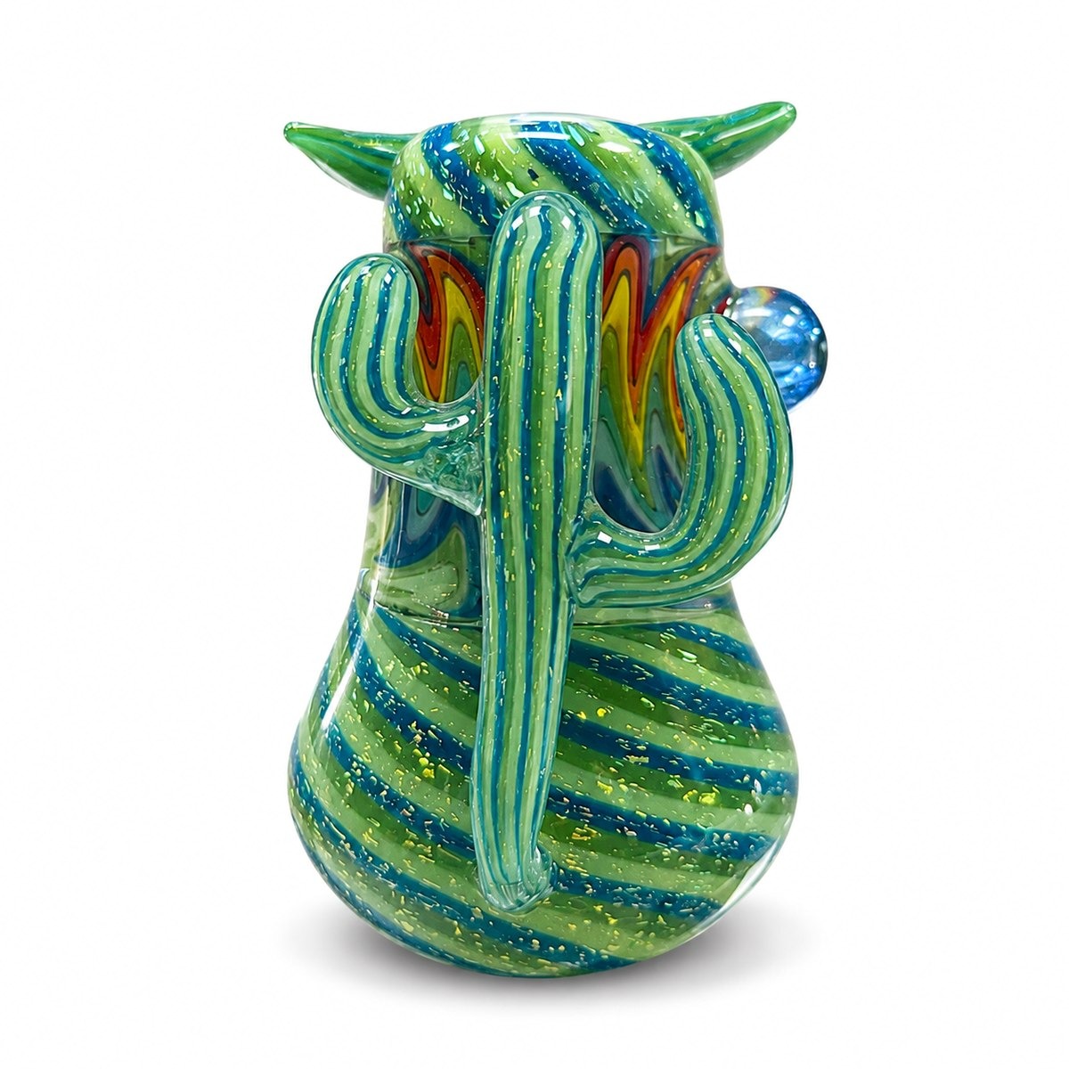 Wasteland Chariot, a hand-blown green and blue striped glass water pipe with horns